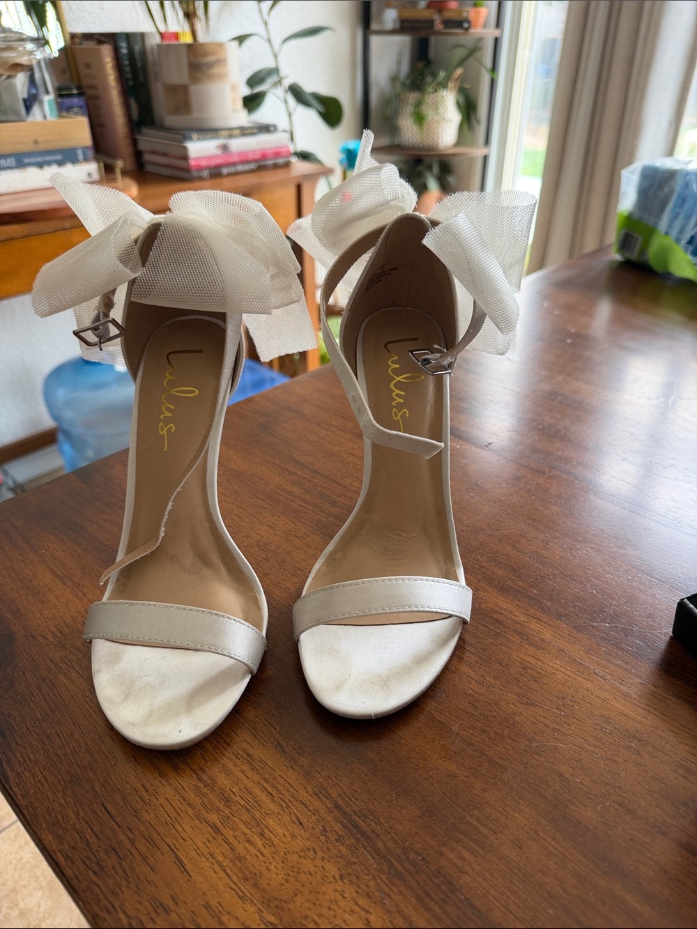 Lulu's Ivory Satin Bow Ankle-Tie Heels